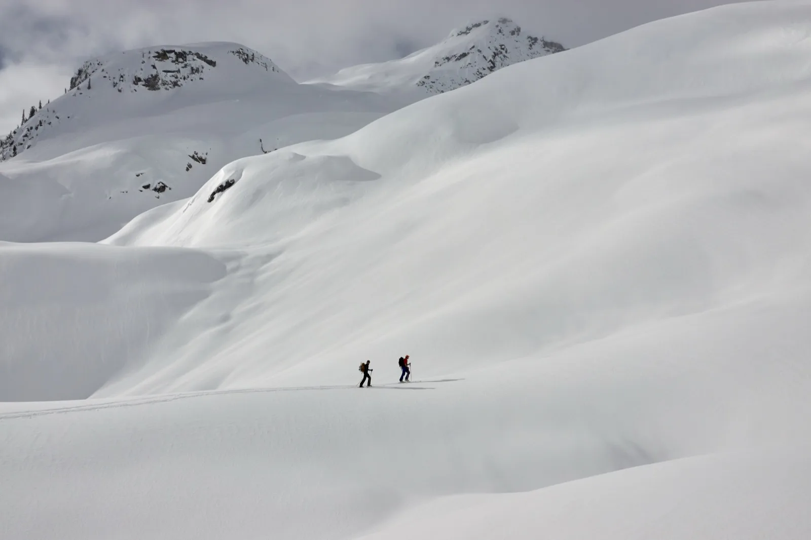 Two skiers in vast alpine terrain