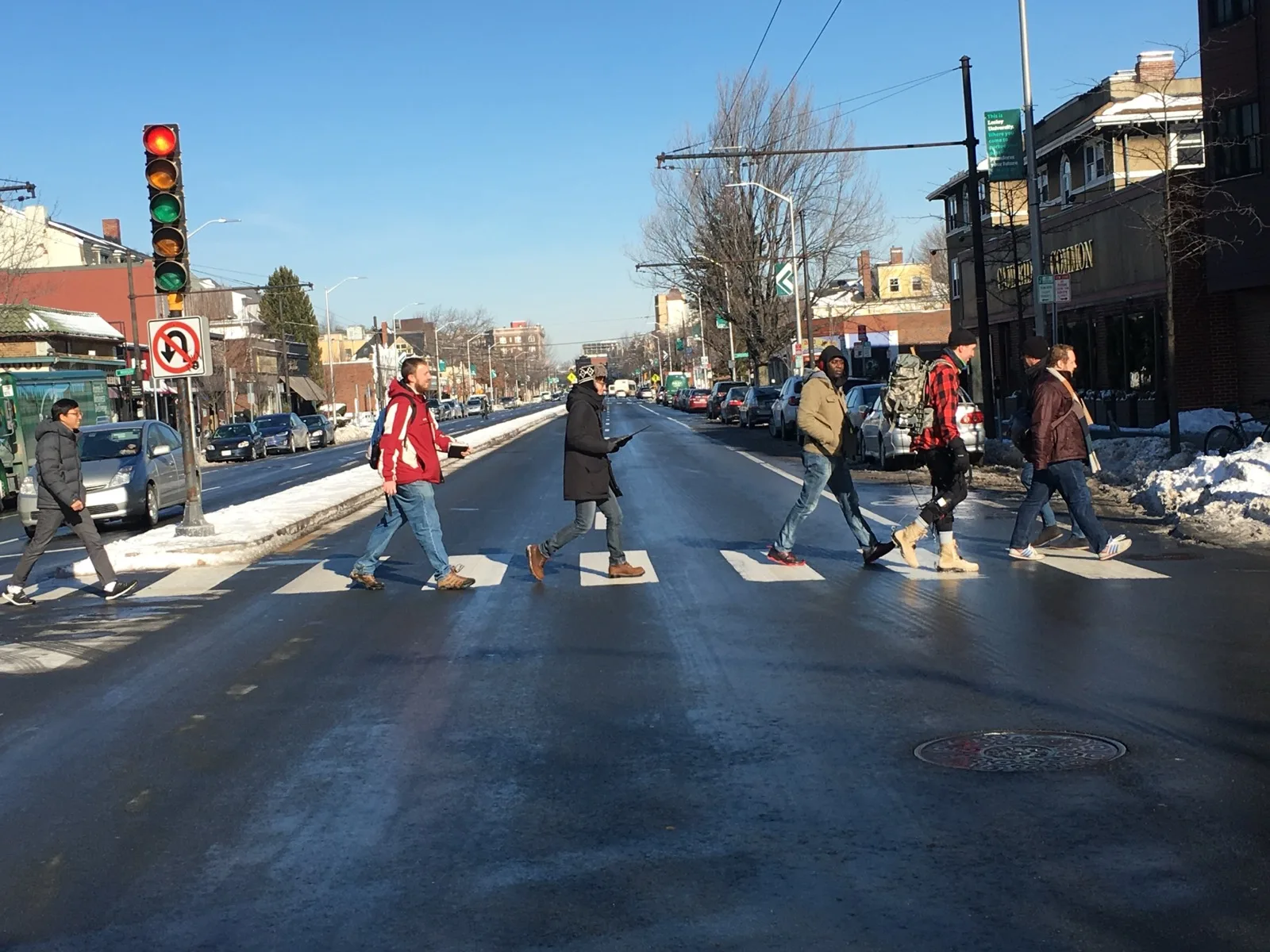 Research group crossing Beacon Street